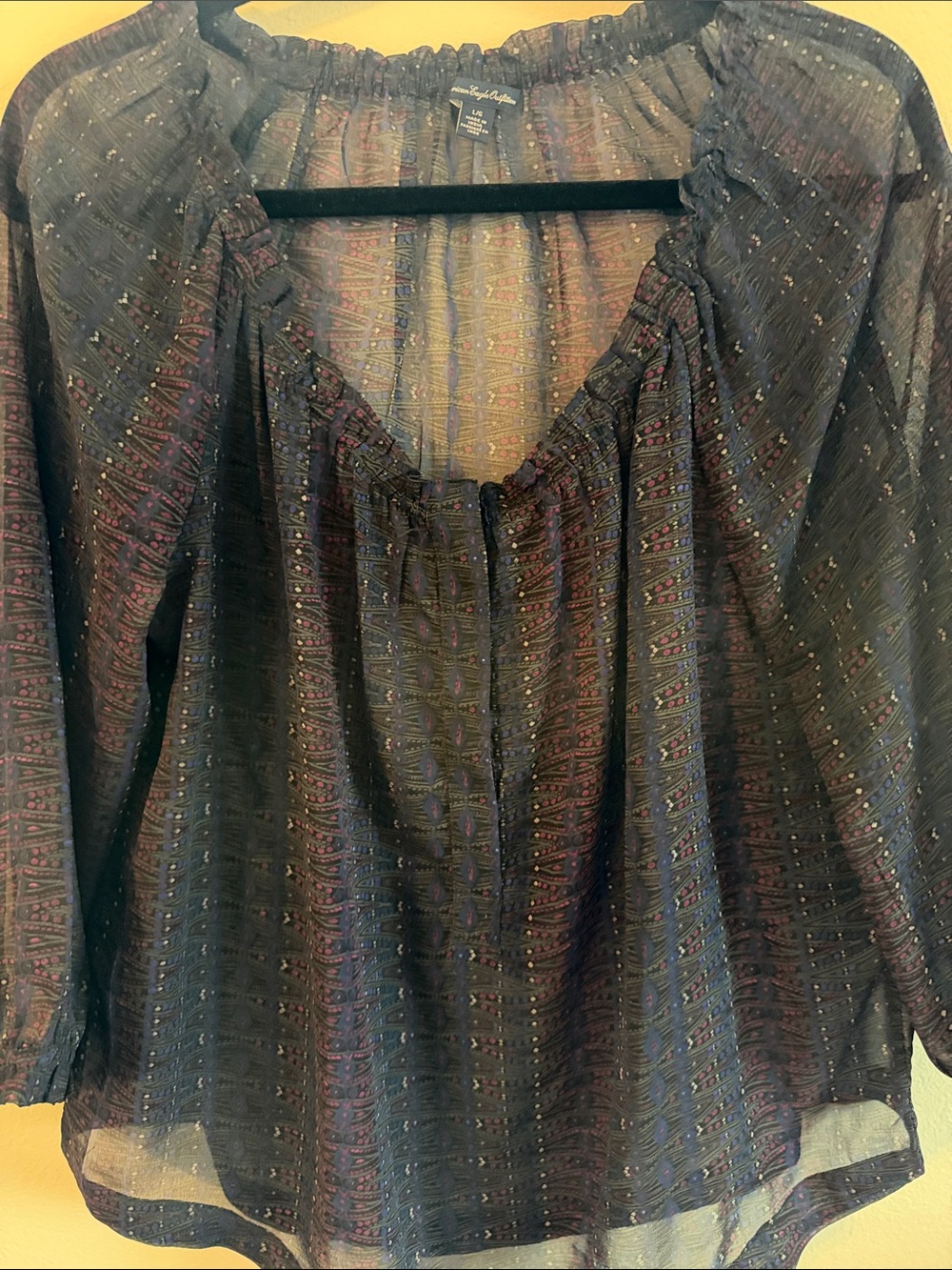 American Eagle Outfitters Navy Sheer Multicolor Stripe Peasant Top